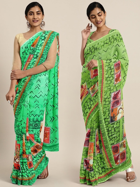 

KALINI Pack of 2 Green Printed Pure Georgette Saree