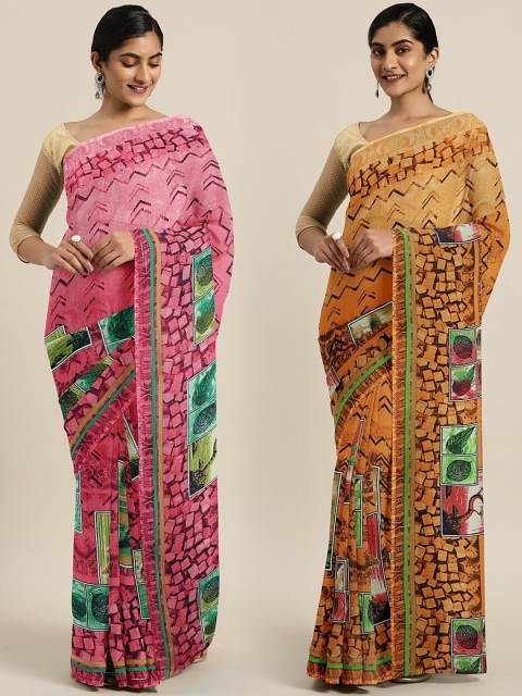 

KALINI Pink & Multicoloured Pure Georgette Set of 2 Saree