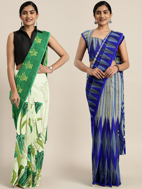 

KALINI Pack of 2 Green & Blue Poly Georgette Sarees