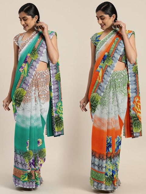 

KALINI Pack Of 2 Pure Georgette Printed Sarees, Teal