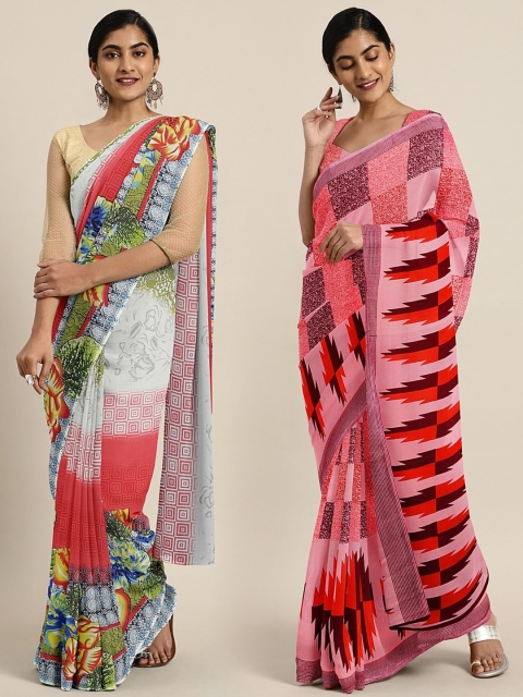 

KALINI Pack of 2 Grey & Red Pure Georgette Sarees