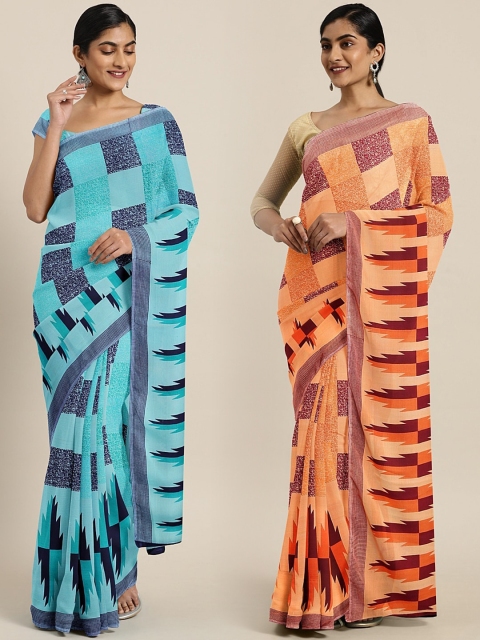 

KALINI Pack of 2 Turquoise Blue & Orange Checked Pure Georgette Saree