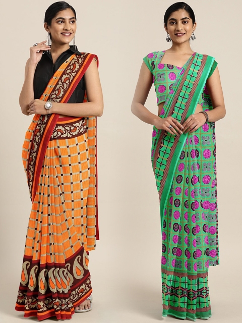 

KALINI Pack of 2 Orange & Green Checked Pure Georgette Saree