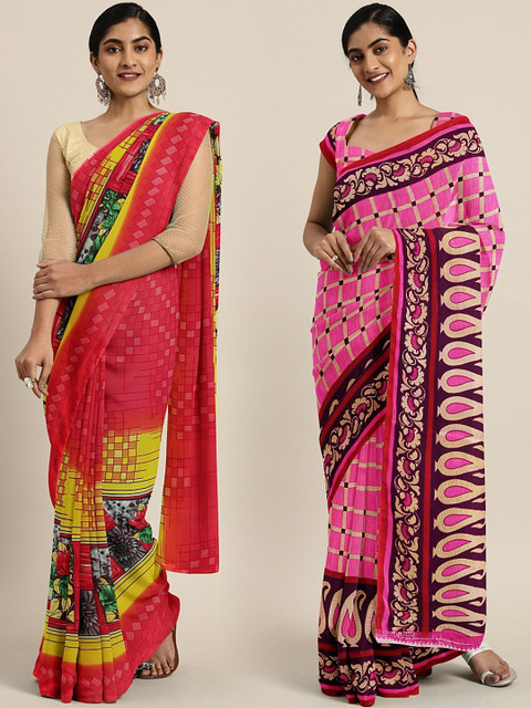 

KALINI Pack of 2 Red & Pink Pure Georgette Sarees