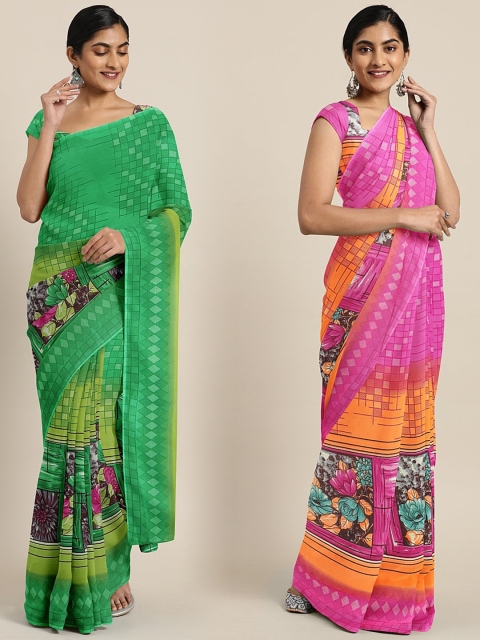 

KALINI Pack of 2 Green & Pink Printed Pure Georgette Saree
