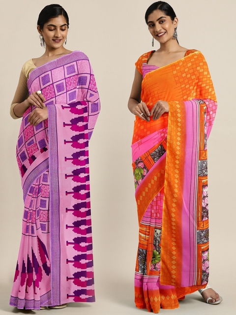 

KALINI Pink & Orange Pure Georgette Set of 2 Saree