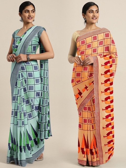 

KALINI Pack of 2 Blue & Orange Pure Georgette Sarees
