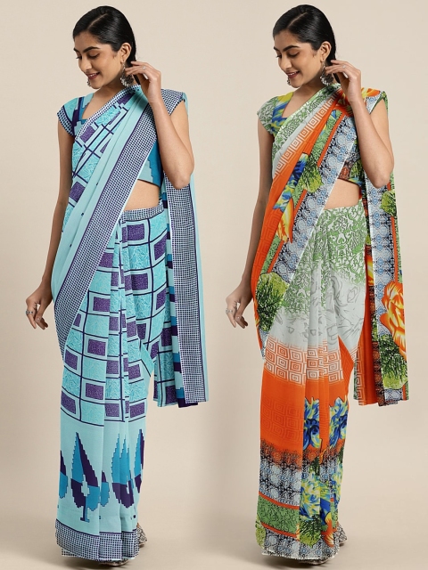 

KALINI Pack of 2 Blue & Orange Printed Pure Georgette Saree