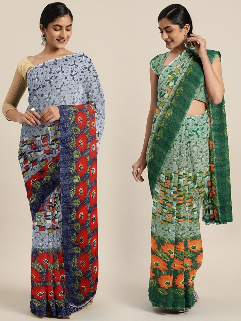 

KALINI Pack of 2 Blue & Green Pure Georgette Sarees