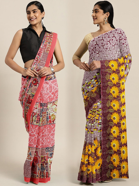 

KALINI Pack of 2 Pink & Mauve Printed Pure Georgette Saree