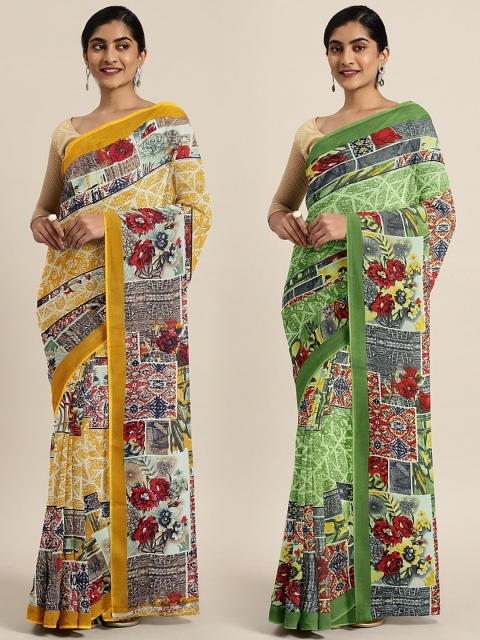 

KALINI Yellow & Multicoloured Pure Georgette Set of 2 Saree