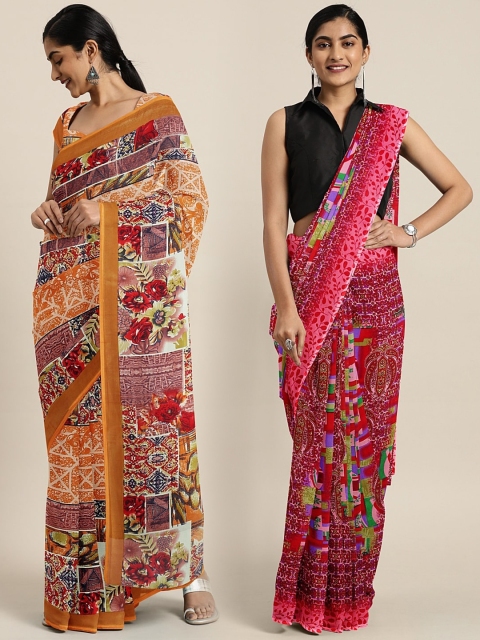 

KALINI Pack of 2 Peach-Coloured & Off-White Pure Georgette Sarees