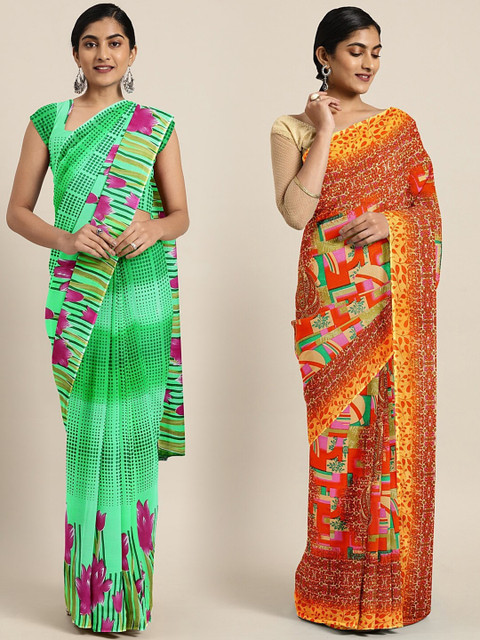 

KALINI Pack of 2 Green & Orange Printed Pure Georgette Saree