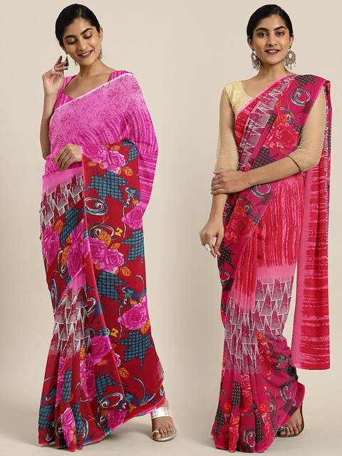 

KALINI Pack of 2 Pink & Red Floral Printed Pure Georgette Saree