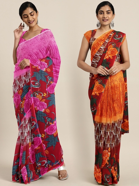 

KALINI Pack of 2 Pink & Red Pure Georgette Sarees