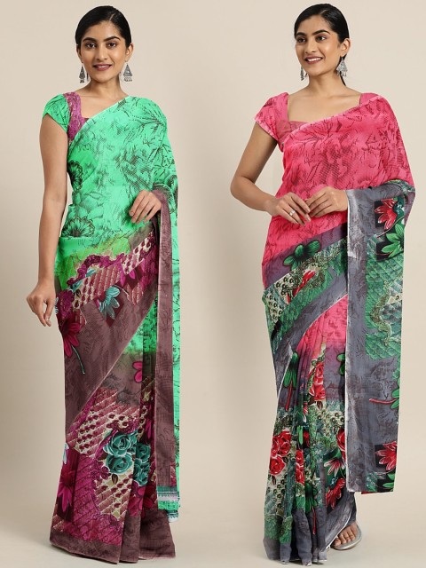 

KALINI Pack Of 2 Printed Poly Georgette Sarees, Green