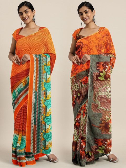 

KALINI Pack of 2 Orange & Green Poly Georgette Sarees
