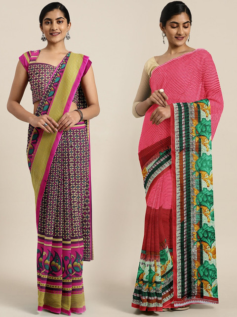 

KALINI Burgundy & Coral Poly Georgette Set of 2 Saree