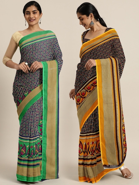 

KALINI Pack of 2 Navy Blue & Green Pure Georgette Sarees