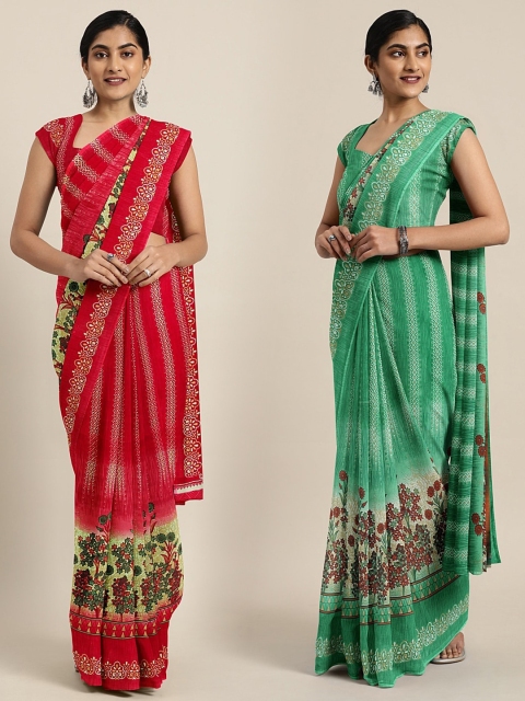 

KALINI Pack of 2 Red & Green Printed Pure Georgette Saree