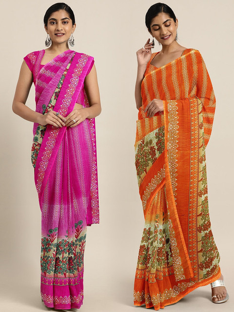 

KALINI Pink & Orange Pure Georgette Set of 2 Striped Saree