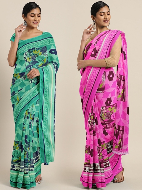 

KALINI Pack of 2 Sea Green & Pink Printed Pure Georgette Saree