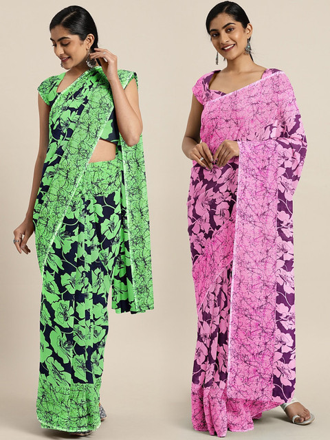 

KALINI Green & Navy Blue Pure Georgette Set of 2 Printed Saree