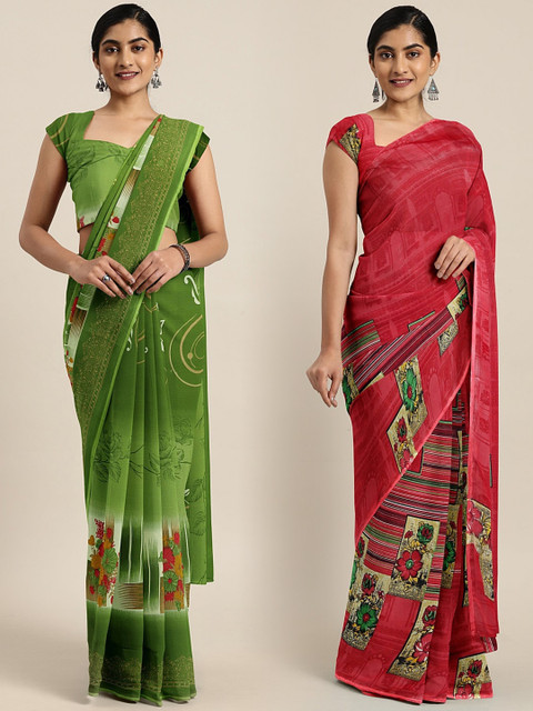 

KALINI Pack Of 2 Printed Pure Georgette Sarees, Green
