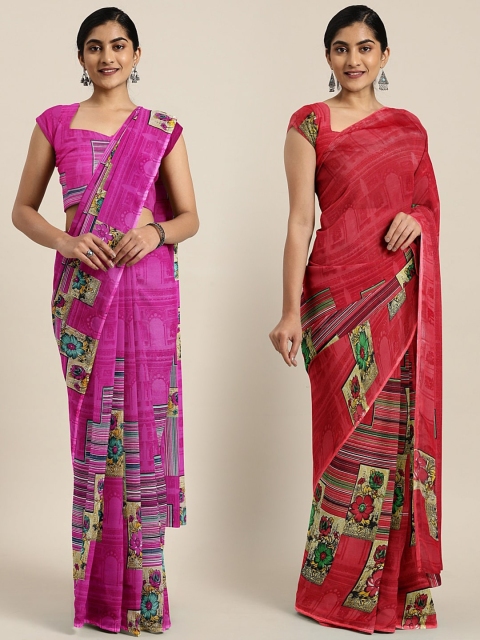 

KALINI Pink & Blue Pure Georgette Set of 2 Printed Saree