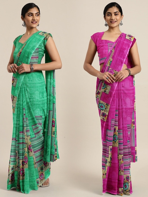 

KALINI Pack of 2 Green & Pink Floral Printed Pure Georgette Saree