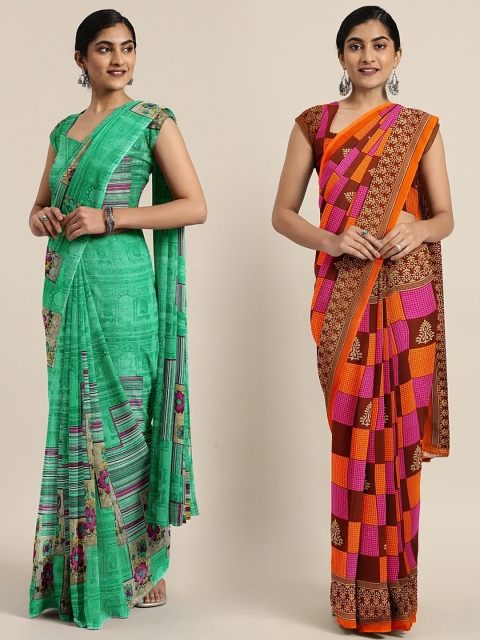 

KALINI Pack of 2 Green & Pink Pure Georgette Sarees