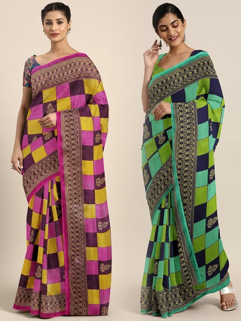 

KALINI Pack of 2 Pink & Green Checked Pure Georgette Saree