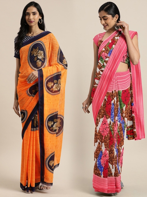 

KALINI Orange & Pink Pure Georgette Set of 2 Printed Saree