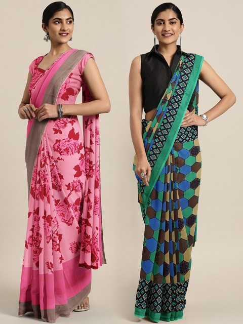 

KALINI Pack of 2 Pink & Green Pure Georgette Sarees