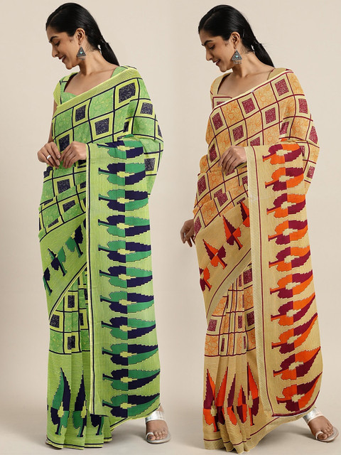 

KALINI Pack of 2 Lime Green & Brown Checked Pure Georgette Saree