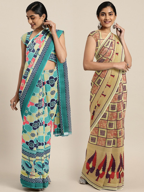 

KALINI Teal & Beige Pure Georgette Set of 2 Printed Saree