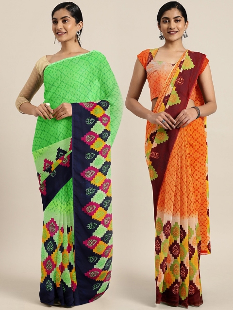 

KALINI Pack of 2 Green & Orange Printed Pure Georgette Saree