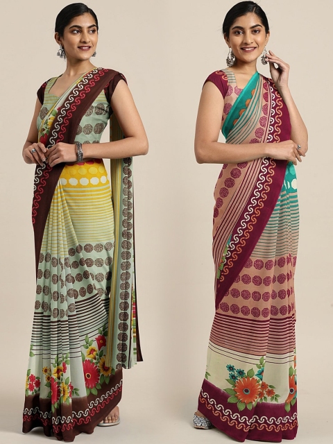

KALINI Pack of 2 Yellow & Maroon Striped Pure Georgette Saree