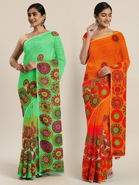 

KALINI Green & Orange Pure Georgette Set of 2 Printed Saree