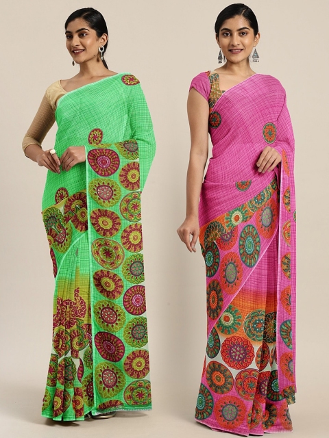 

KALINI Pack of 2 Green & Pink Printed Pure Georgette Saree