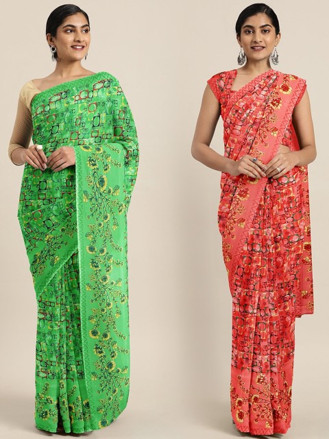 

KALINI Pack of 2 Green & Peach-Coloured Printed Pure Georgette Saree