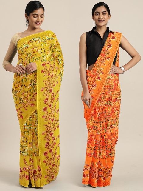

KALINI Mustard & Red Pure Georgette Set of 2 Printed Saree