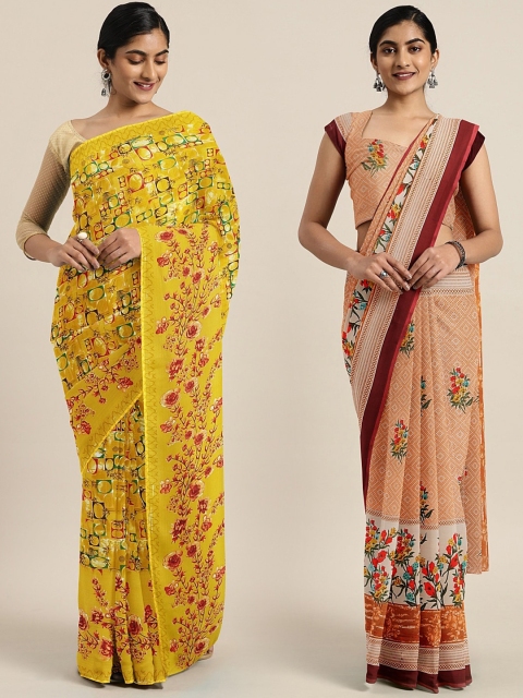 

KALINI Pack of 2 Mustard & Peach Printed Pure Georgette Saree