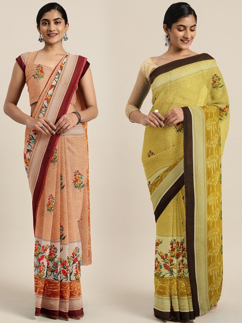 

KALINI Pack of 2 Peach-Coloured & Red Pure Georgette Sarees