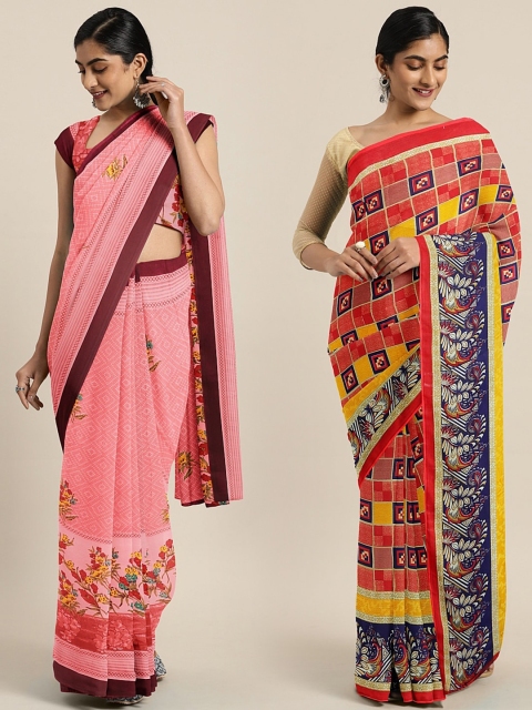 

KALINI Pack of 2 Pink & Red Printed Pure Georgette Saree