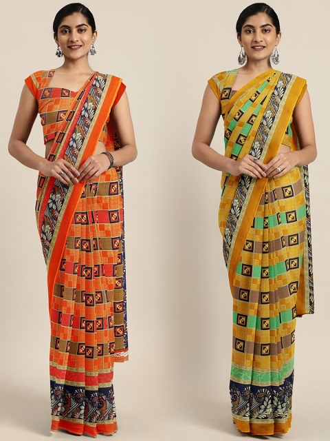 

KALINI Orange & Beige Pure Georgette Set of 2 Checked Saree