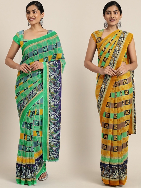 

KALINI Pack of 2 Green & Mustard Printed Pure Georgette Saree