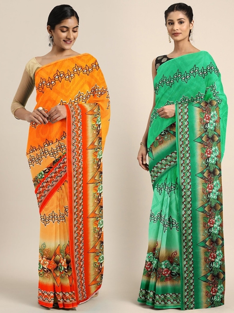 

KALINI Pack of 2 Orange & Green Printed Pure Georgette Saree