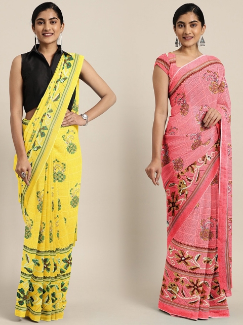 

KALINI Pack of 2 Yellow & Pink Printed Pure Georgette Saree