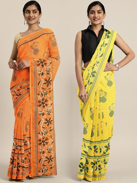 

KALINI Pack of 2 Orange & Green Pure Georgette Sarees